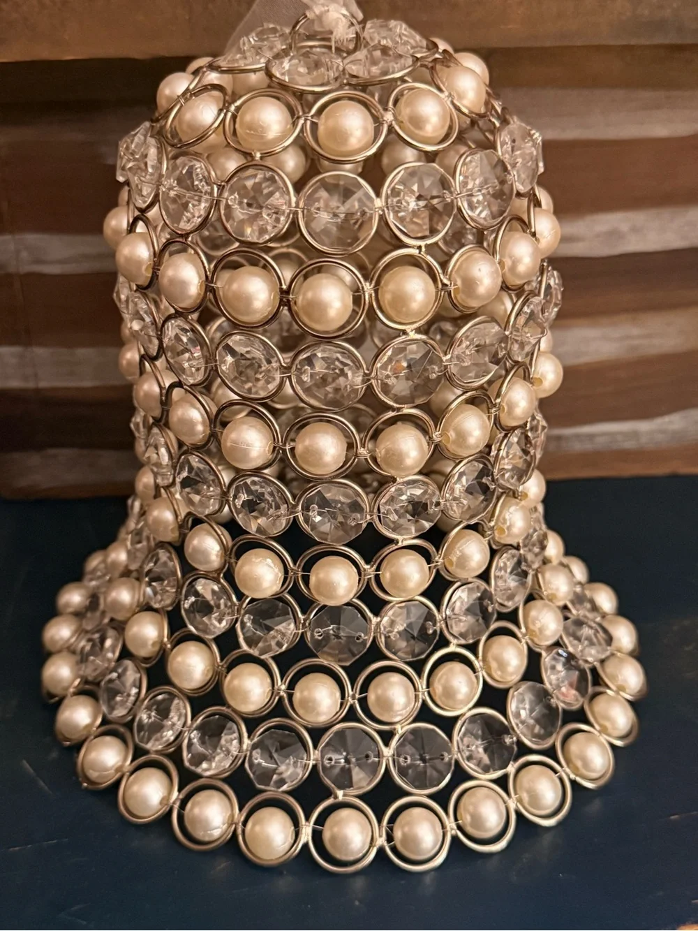 Rachel Zoe Stunning Caged Pearls & Crystal Glass Christmas Bell Tabletop Hanging